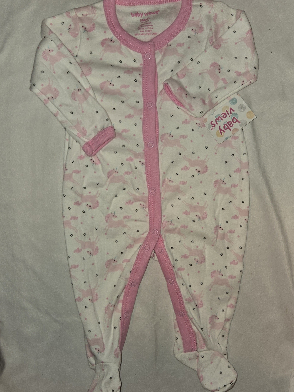 Baby Views Pink Unicorn Footed One-Piece SZ 0-3M